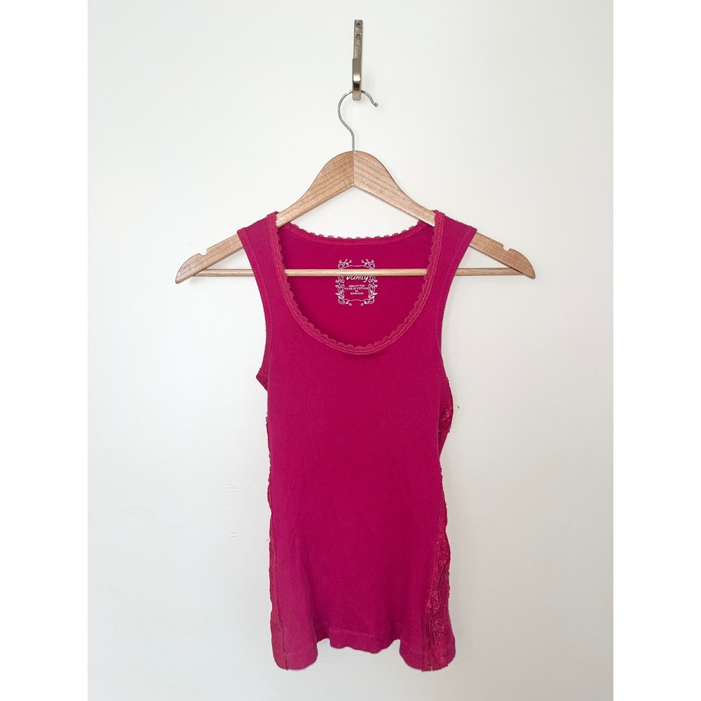 Vanity Y2K Womens Ribbed‎ Lace Trim Tank Top Hot Pink Fuchsia Cotton Size M